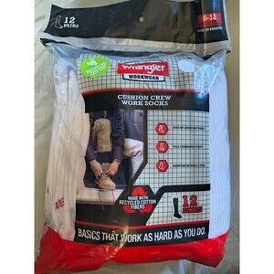 Wrangler Mens Workwear Cushion Crew Work Socks 12 Pair White Shoe Size 6-12